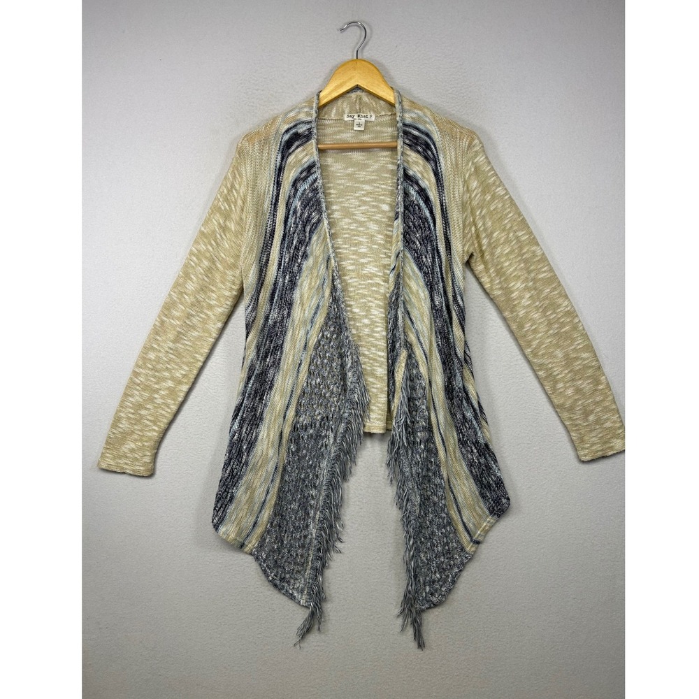 Boho Say What? Womens Small Tan Blue Space Dye Fringe Sharkbite Cardigan Sweater